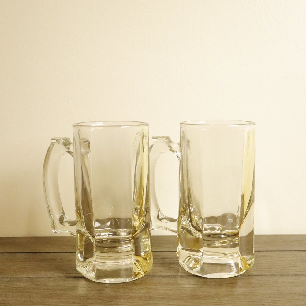 Libbey clear, yellow 8oz glass beer mugs (set of 2)